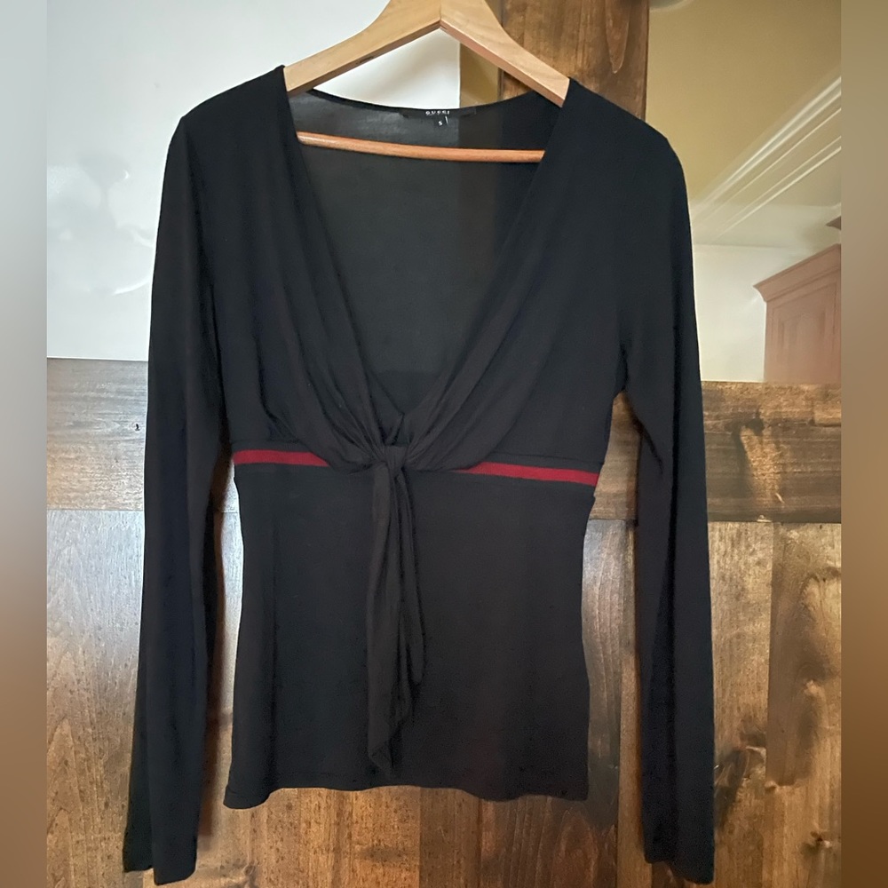 Gucci top! Stunning and flattering, plunging neckline, grosgrain detail, black